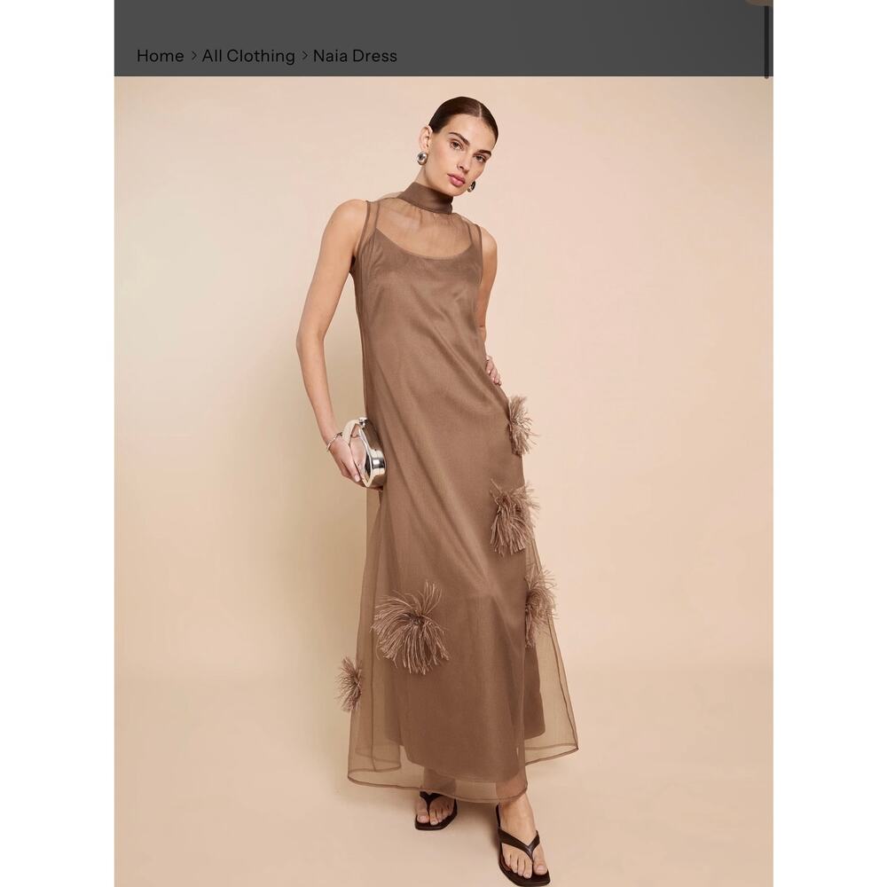 New O.P.T few moda Naia oatmeal feather organza Dress $347 sz M - Picture 3 of 7